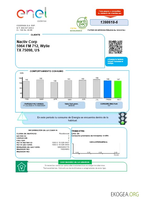 Modèle de facture de services publics d'énergie pour les entreprises colombiennes ENEL aux formats Word et PDF